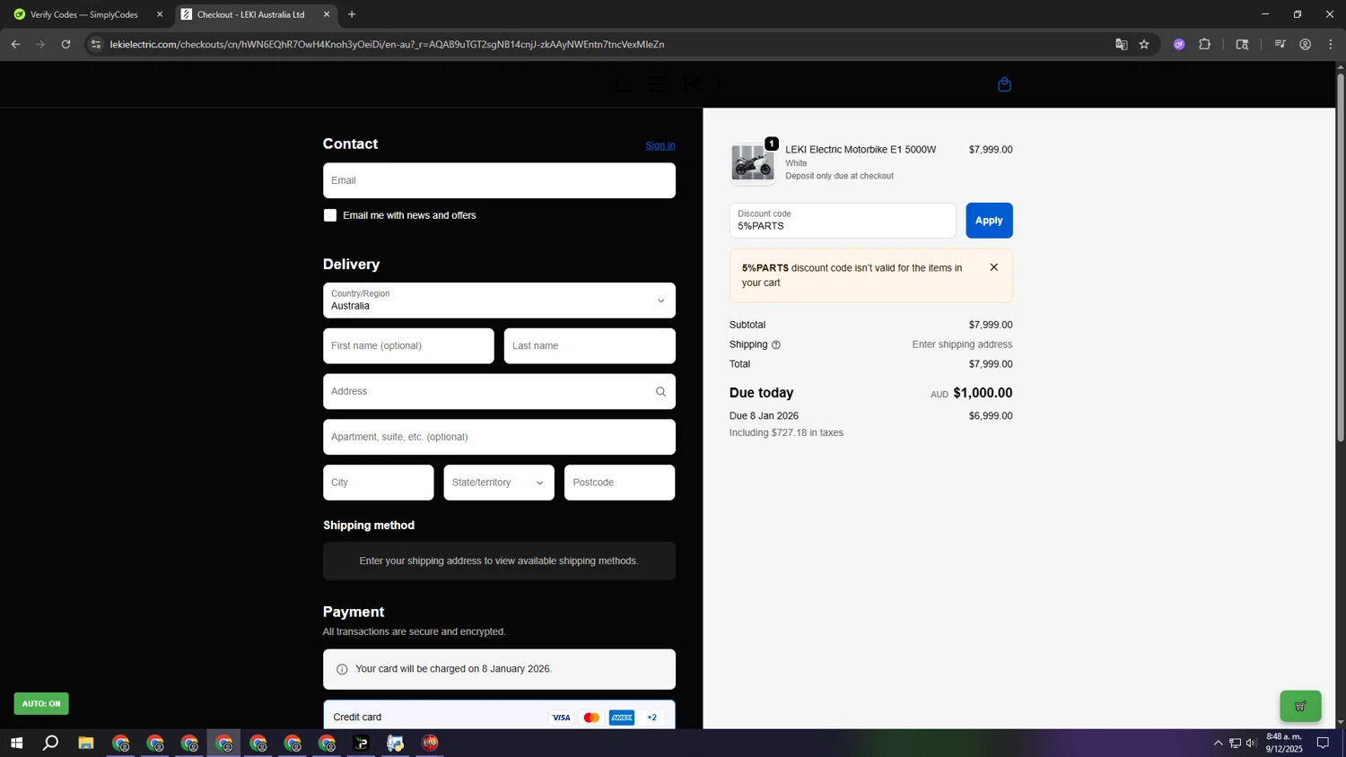 LEKI Electric Motorbike promo code screenshot showing code 5%PARTS applied at LEKI Electric Motorbike checkout page. Uploaded by SimplyCodes community member gggggggggggggggggggggg on Dec 9, 2025