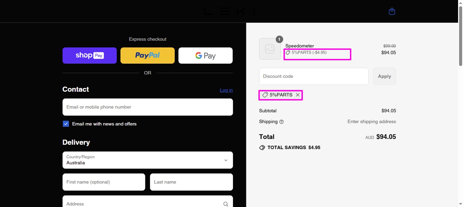 LEKI Electric Motorbike promo code screenshot showing code 5%PARTS applied at LEKI Electric Motorbike checkout page. Uploaded by SimplyCodes community member mrdarcy on Aug 26, 2025