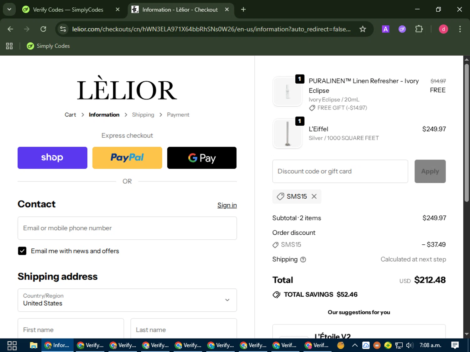 Lelior discount code screenshot showing code SMS15 applied at Lelior checkout page. Uploaded by SimplyCodes community member BudgetVoyager5452 on Sep 21, 2025