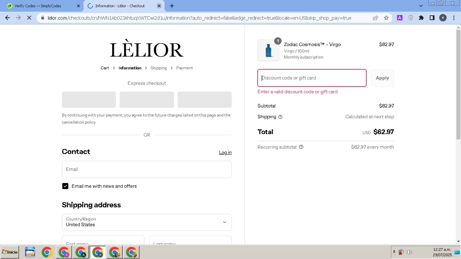 Lelior discount code screenshot showing code FINISH10 applied at Lelior checkout page. Uploaded by SimplyCodes community member MightyPro980 on Jul 29, 2025