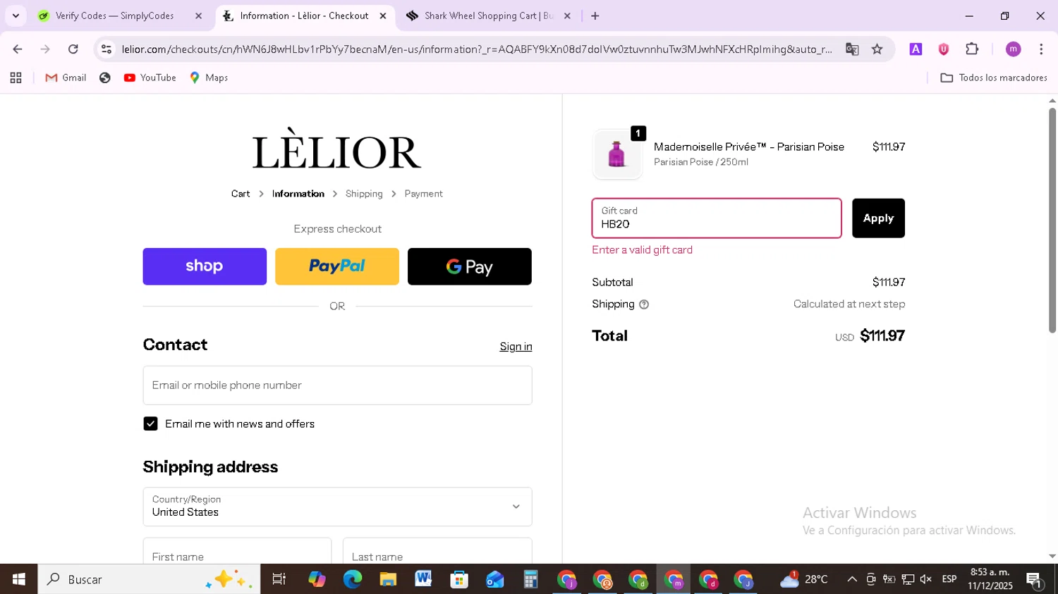Lelior checkout page showing Lelior discount code box | Screenshot taken by SimplyCodes community member on Dec 11, 2025