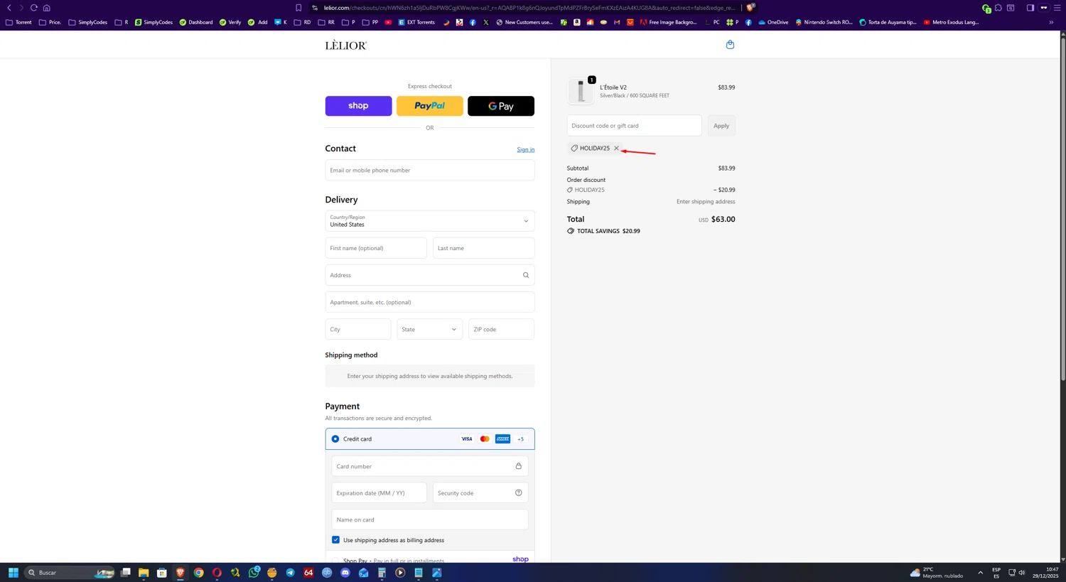 Lelior discount code screenshot showing code HOLIDAY25 applied at Lelior checkout page. Uploaded by SimplyCodes community member UnkNownVnzla on Dec 29, 2025