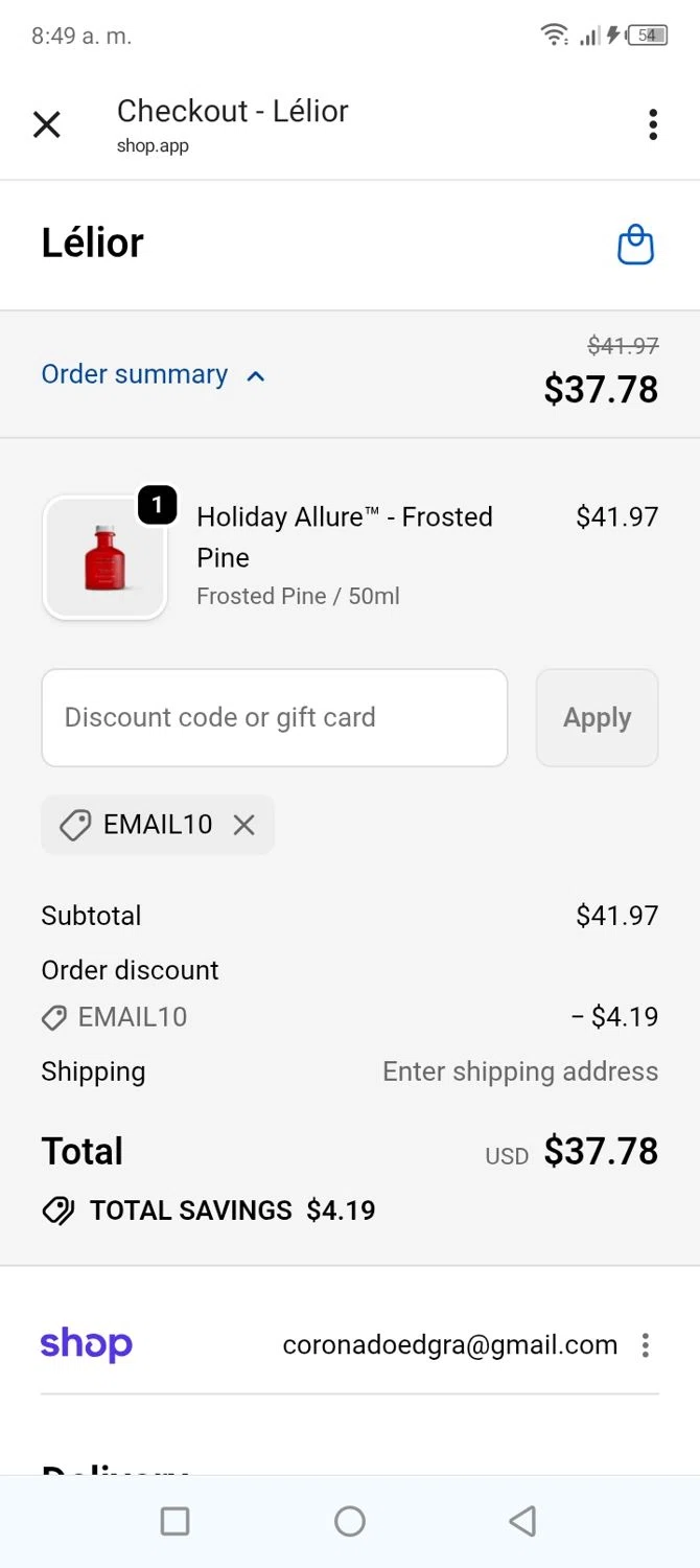 Lelior discount code screenshot showing code Email10 applied at Lelior checkout page. Uploaded by SimplyCodes community member tumiedo on Dec 17, 2025