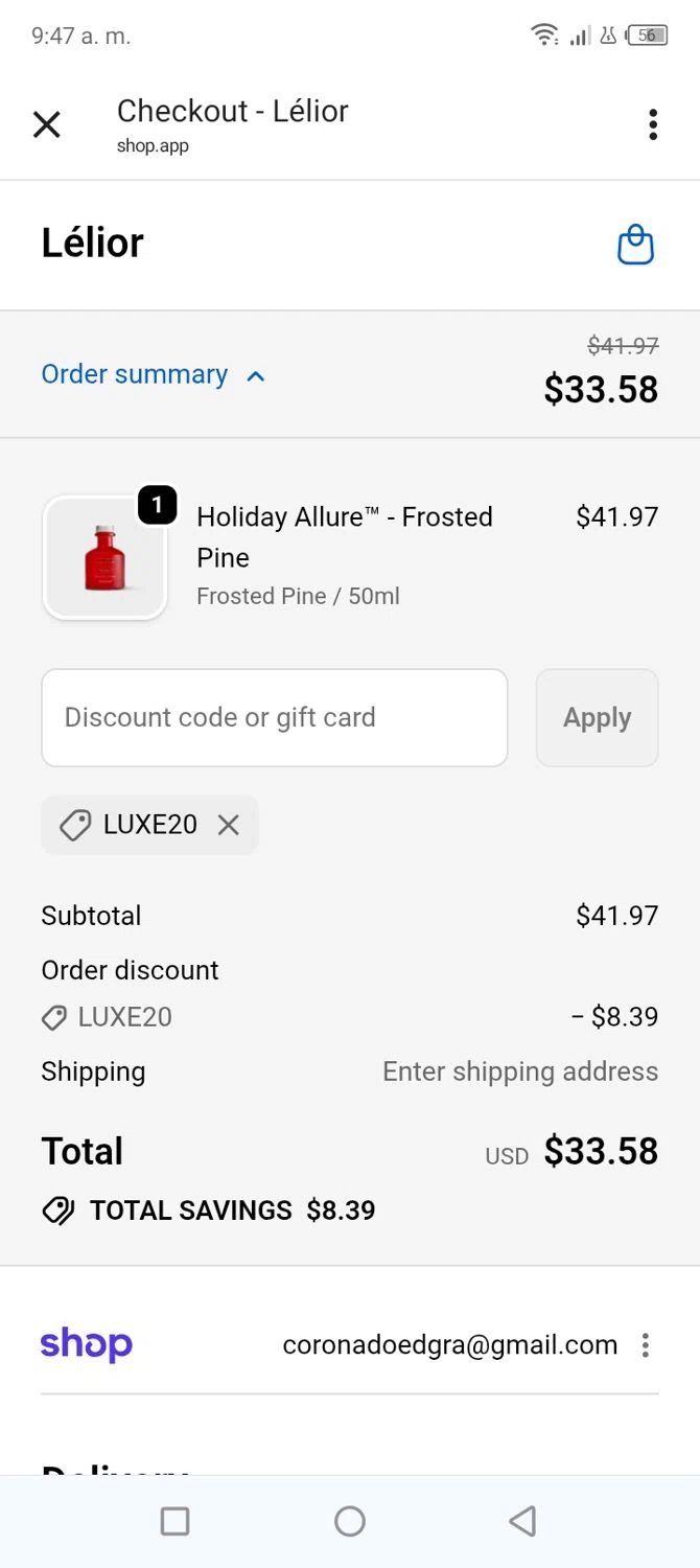 Lelior discount code screenshot showing code Luxe20 applied at Lelior checkout page. Uploaded by SimplyCodes community member tumiedo on Dec 17, 2025