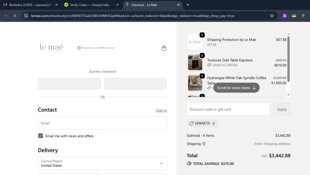 Le Maé checkout page showing Le Maé promo code box | Screenshot taken by SimplyCodes community member on Sep 18, 2025