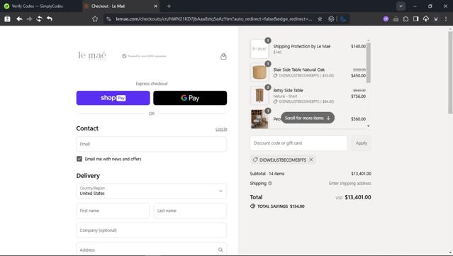 Le Maé checkout page showing Le Maé promo code box | Screenshot taken by SimplyCodes community member on Aug 20, 2025