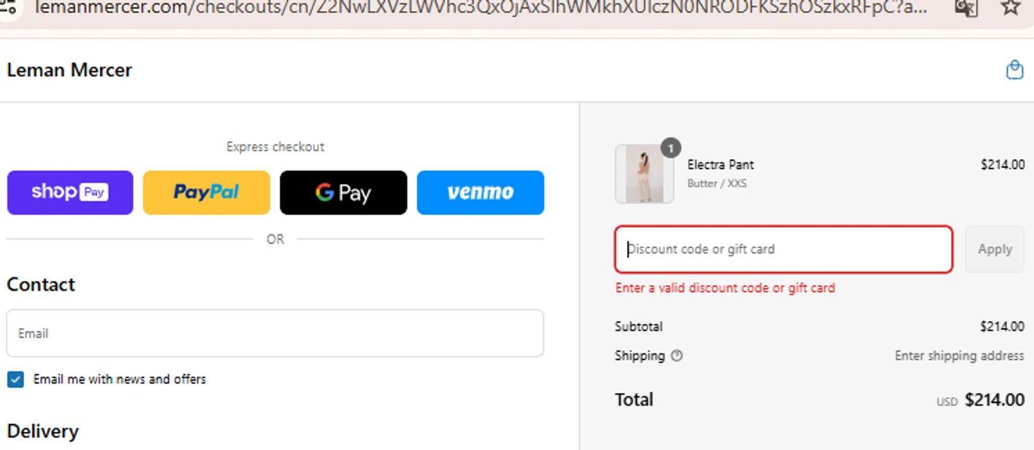 Leman Mercer promo code screenshot showing code WELCOME10 applied at Leman Mercer checkout page. Uploaded by SimplyCodes community member BudgetLion5814 on Jun 16, 2025