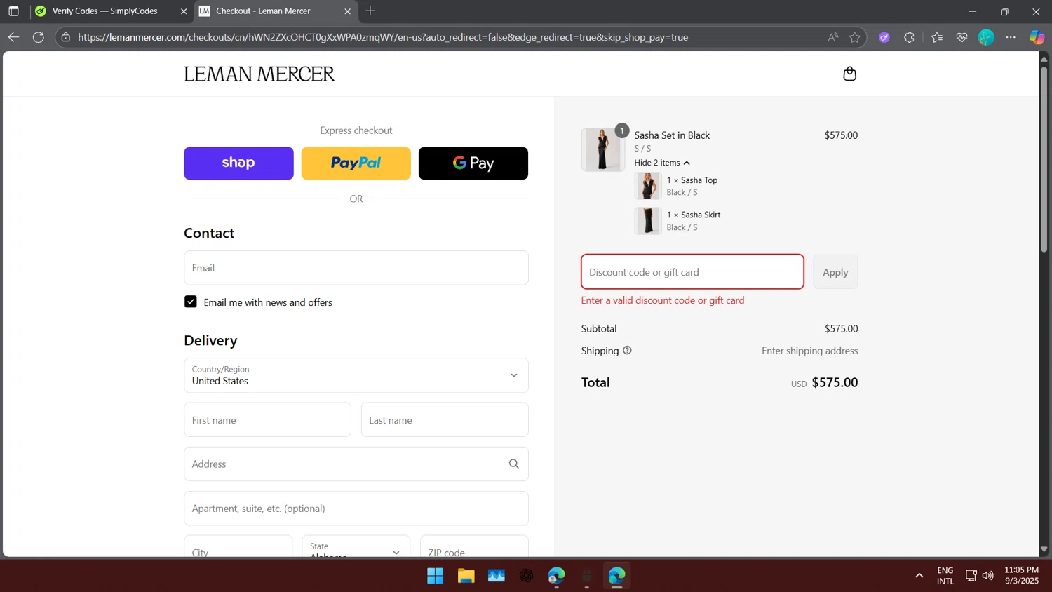 Leman Mercer promo code screenshot showing code alex10 applied at Leman Mercer checkout page. Uploaded by SimplyCodes community member BorgeZzz on Sep 4, 2025