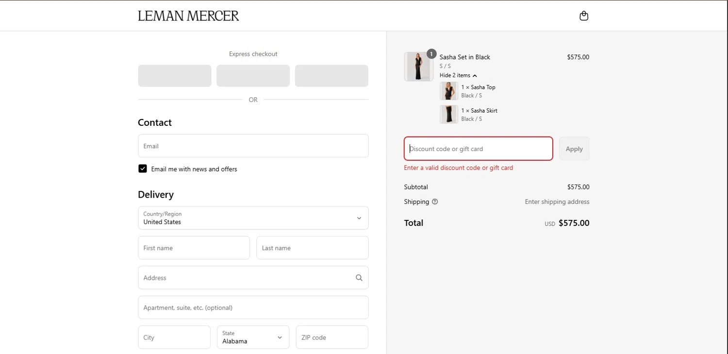 Leman Mercer promo code screenshot showing code alex10 applied at Leman Mercer checkout page. Uploaded by SimplyCodes community member BrillianteMaestro892 on Sep 4, 2025