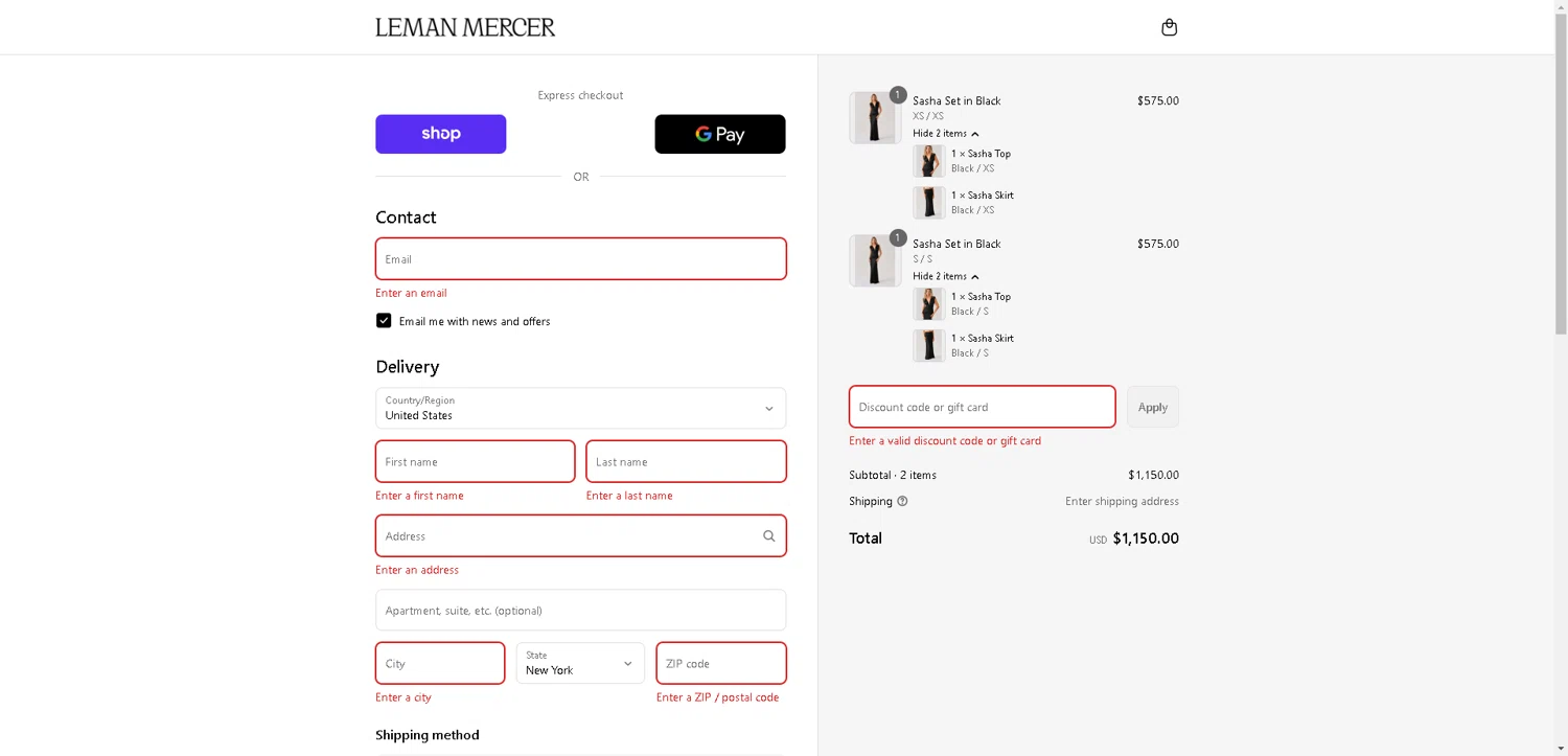 Leman Mercer promo code screenshot showing code alex10 applied at Leman Mercer checkout page. Uploaded by SimplyCodes community member aver_136263192 on Sep 4, 2025