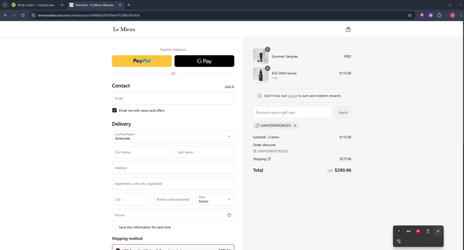 Le Mieux Skincare promo code screenshot showing code LMIHYDRATIONCEO applied at Le Mieux Skincare checkout page. Uploaded by SimplyCodes community member TreasureWarden457 on Aug 22, 2025