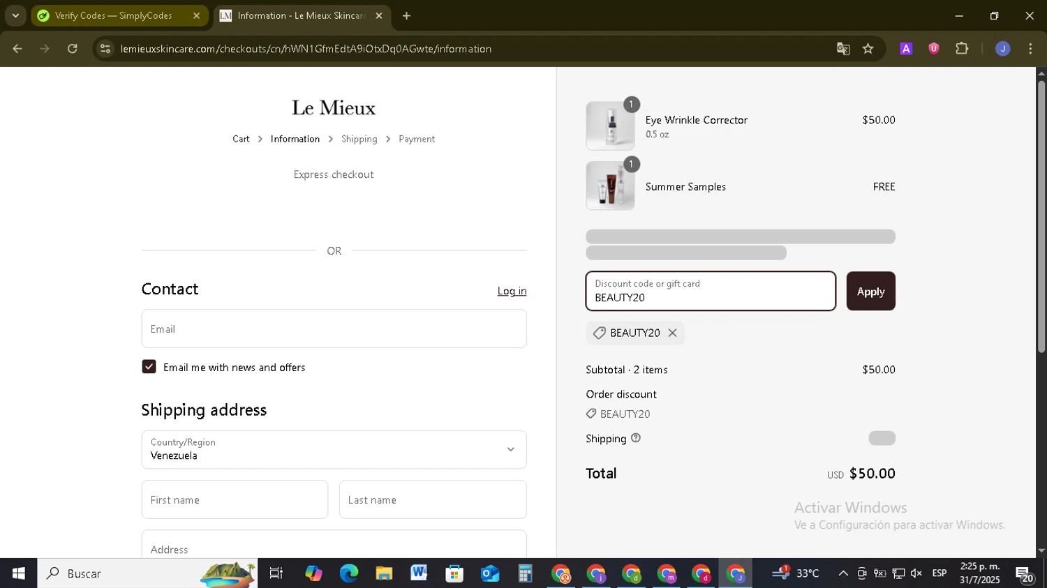 Le Mieux Skincare promo code screenshot showing code BEAUTY20 applied at Le Mieux Skincare checkout page. Uploaded by SimplyCodes community member EpicSage3474 on Jul 31, 2025