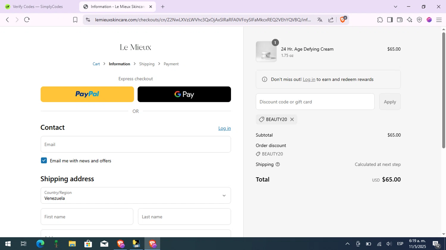 Le Mieux Skincare promo code screenshot showing code BEAUTY20 applied at Le Mieux Skincare checkout page. Uploaded by SimplyCodes community member Mangoverde on May 11, 2025