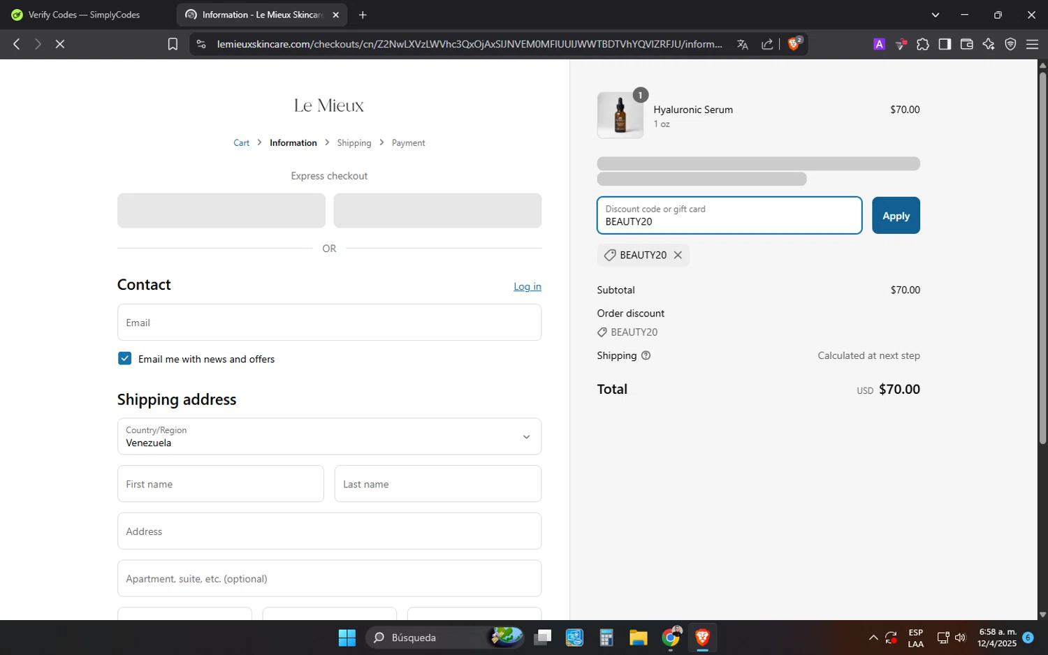 Le Mieux Skincare promo code screenshot showing code BEAUTY20 applied at Le Mieux Skincare checkout page. Uploaded by SimplyCodes community member MonkyDLuffy on Apr 12, 2025