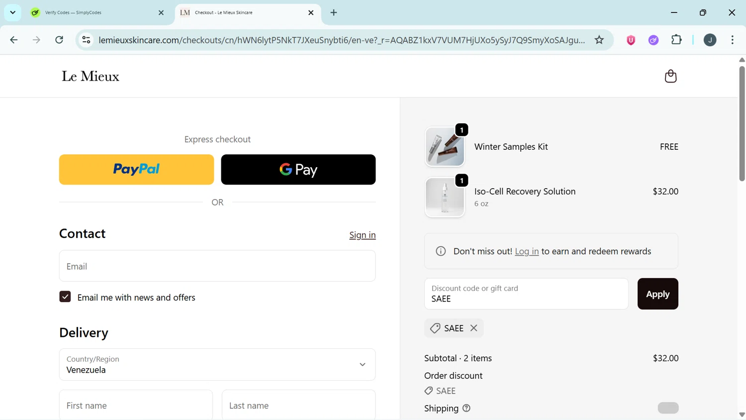 Le Mieux Skincare promo code screenshot showing code SAEE applied at Le Mieux Skincare checkout page. Uploaded by SimplyCodes community member APOLOMONEY on Dec 23, 2025