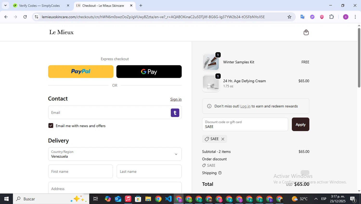 Le Mieux Skincare promo code screenshot showing code SAEE applied at Le Mieux Skincare checkout page. Uploaded by SimplyCodes community member WonderPioneer5062 on Dec 23, 2025
