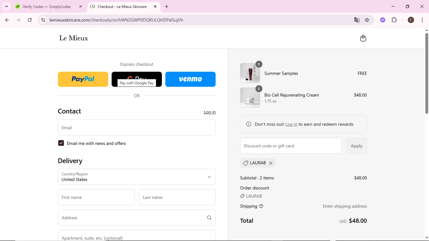 Le Mieux Skincare promo code screenshot showing code LAURAB applied at Le Mieux Skincare checkout page. Uploaded by SimplyCodes community member BargainShopper1802 on Aug 27, 2025