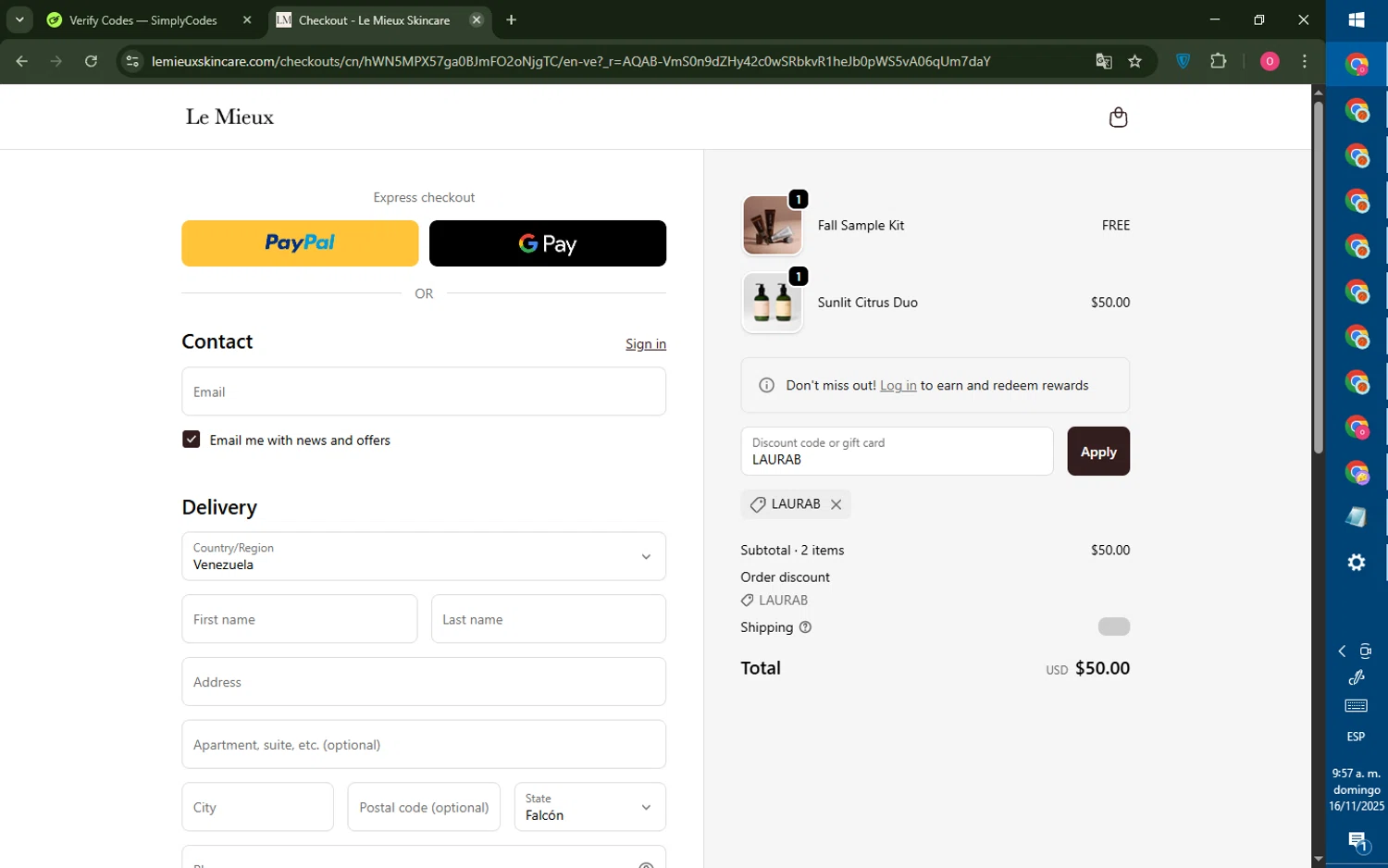 Le Mieux Skincare promo code screenshot showing code LAURAB applied at Le Mieux Skincare checkout page. Uploaded by SimplyCodes community member LegendaryRanger6350 on Nov 16, 2025