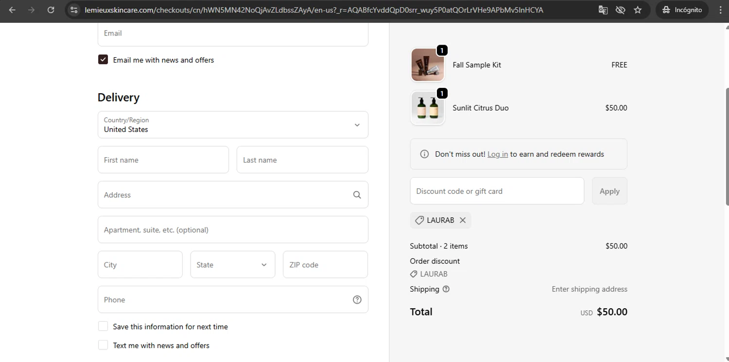 Le Mieux Skincare promo code screenshot showing code LAURAB applied at Le Mieux Skincare checkout page. Uploaded by SimplyCodes community member UchihaMadara on Nov 16, 2025