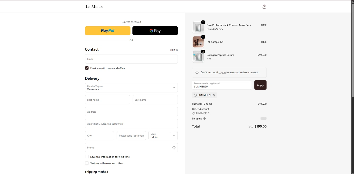 Le Mieux Skincare promo code screenshot showing code SUMMER20 applied at Le Mieux Skincare checkout page. Uploaded by SimplyCodes community member FortunateSeeker4672 on Oct 21, 2025