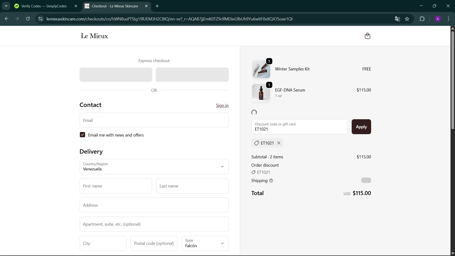 Le Mieux Skincare checkout page showing Le Mieux Skincare promo code box | Screenshot taken by SimplyCodes community member on Feb 18, 2026