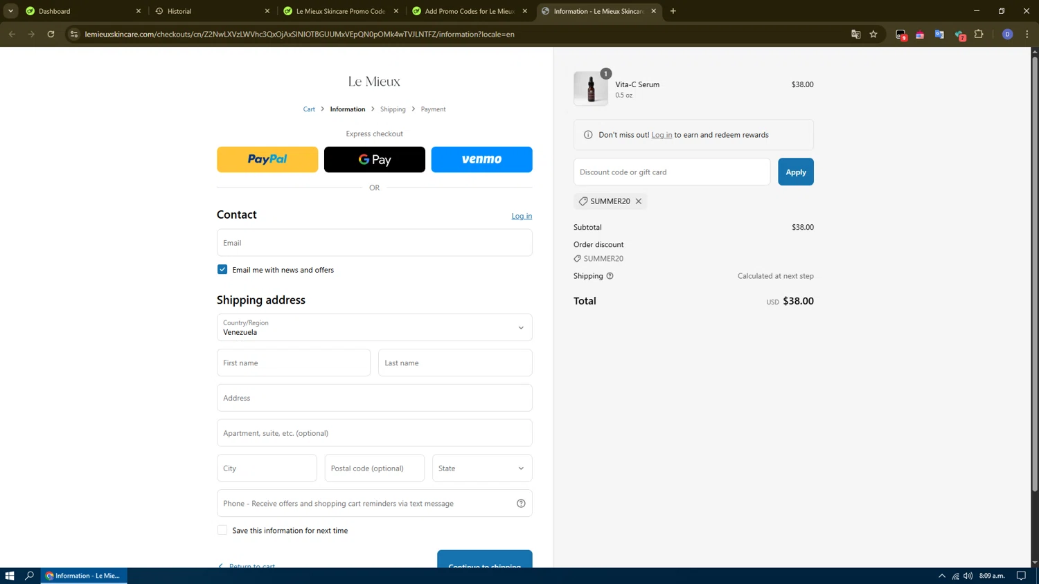 Le Mieux Skincare promo code screenshot showing code SUMMER20 applied at Le Mieux Skincare checkout page. Uploaded by SimplyCodes community member Dennyguillermo on Apr 24, 2025