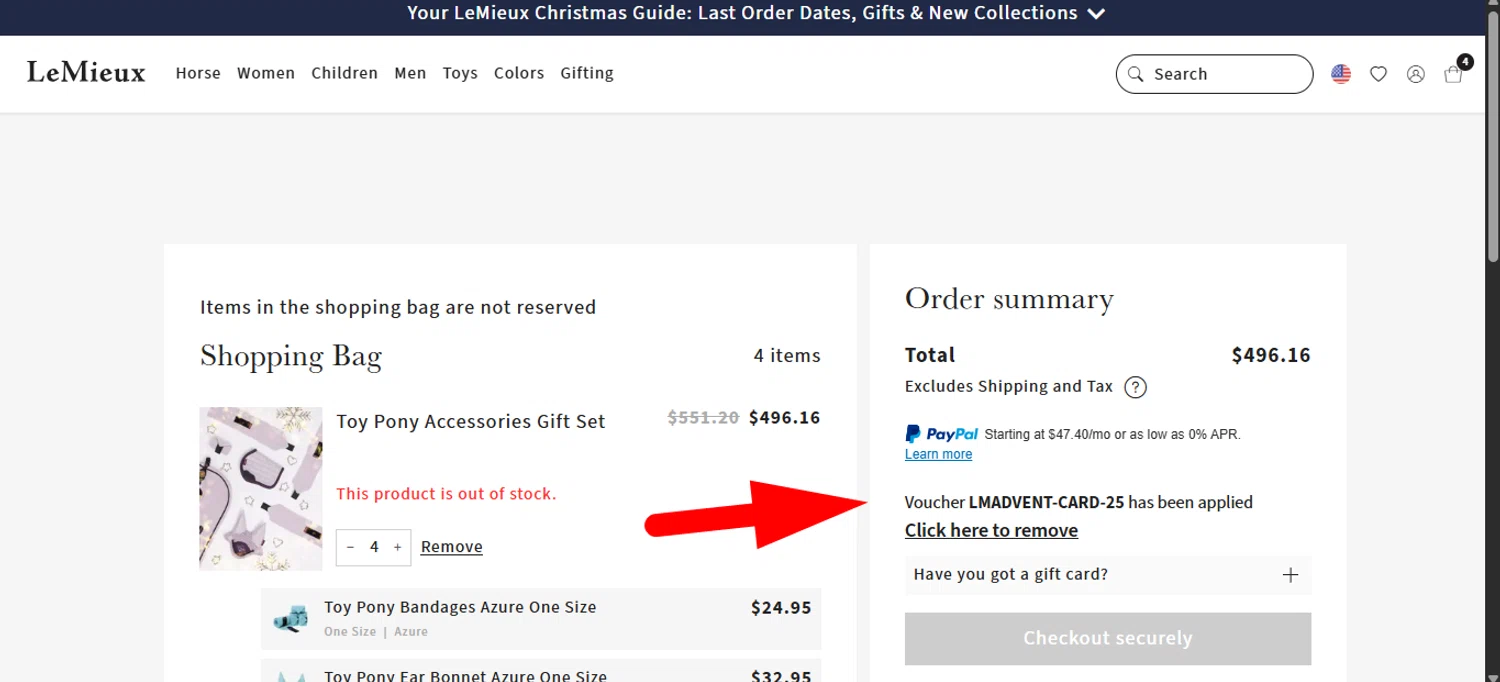LeMieux USA promo code screenshot showing code LMADVENT-CARD-25 applied at LeMieux USA checkout page. Uploaded by SimplyCodes community member ______________ on Dec 12, 2025
