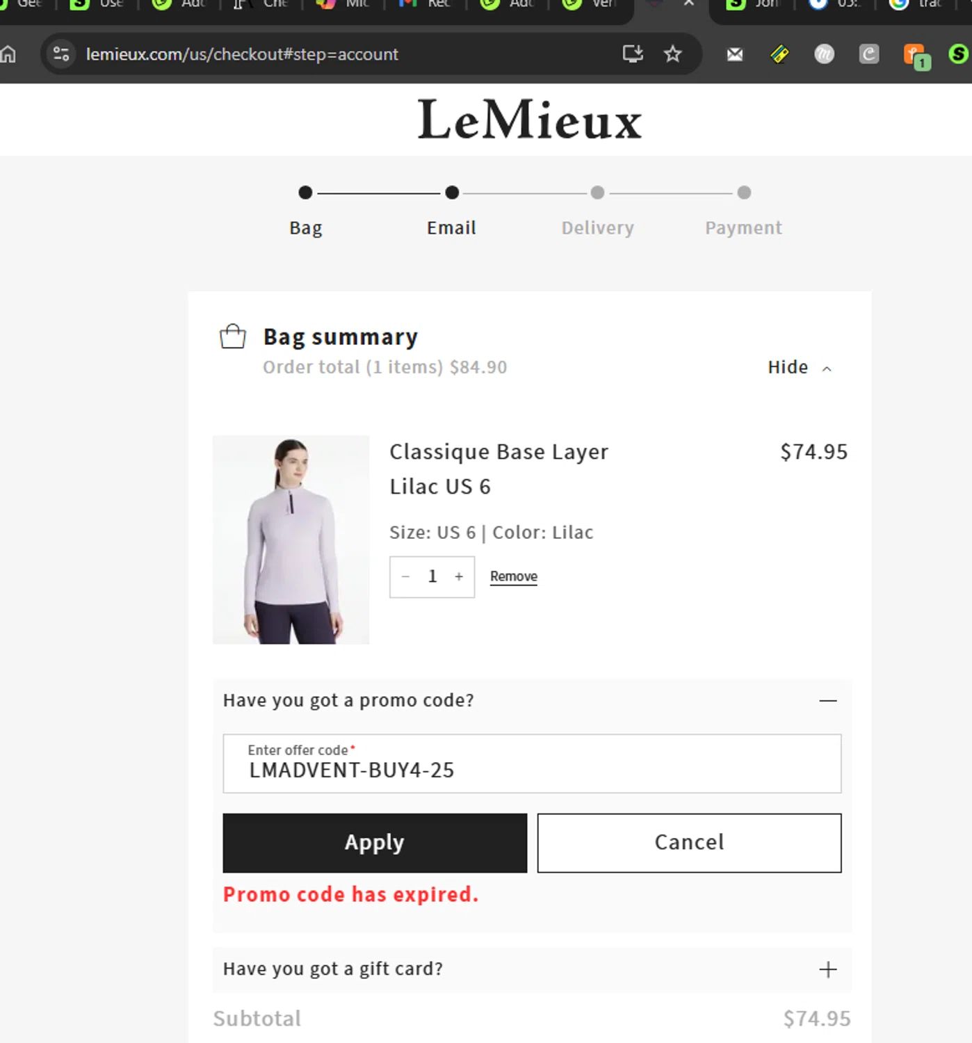 LeMieux USA promo code screenshot showing code LMADVENT-BUY4-25 applied at LeMieux USA checkout page. Uploaded by SimplyCodes community member couponcheck02 on Dec 25, 2025