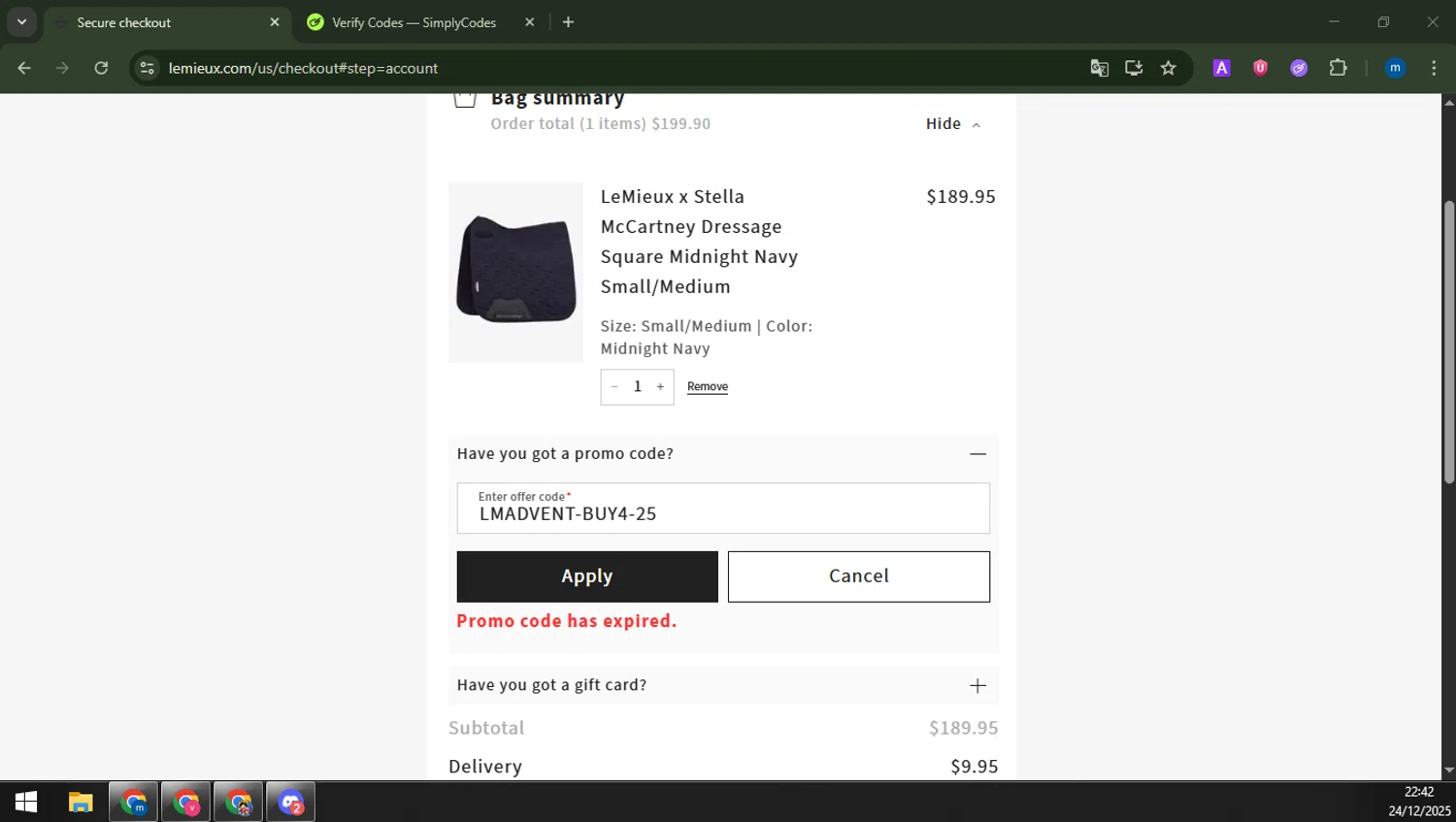 LeMieux USA promo code screenshot showing code LMADVENT-BUY4-25 applied at LeMieux USA checkout page. Uploaded by SimplyCodes community member ThriftyTitan4052 on Dec 25, 2025