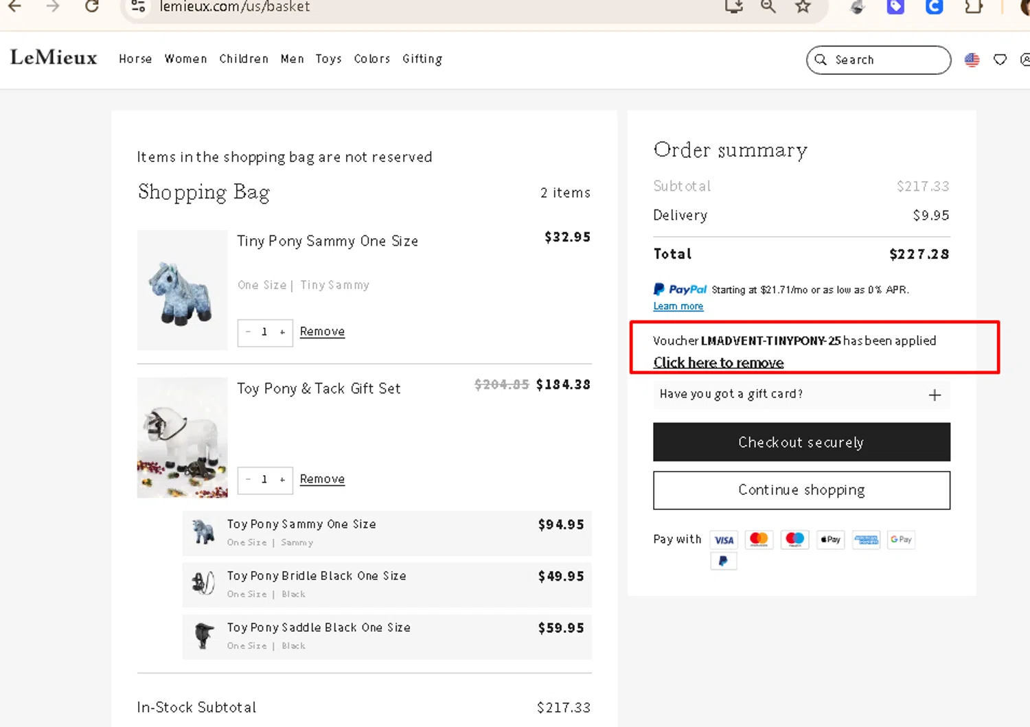 LeMieux USA promo code screenshot showing code LMADVENT-TINYPONY-25 applied at LeMieux USA checkout page. Uploaded by SimplyCodes community member AMANDA2681 on Dec 3, 2025