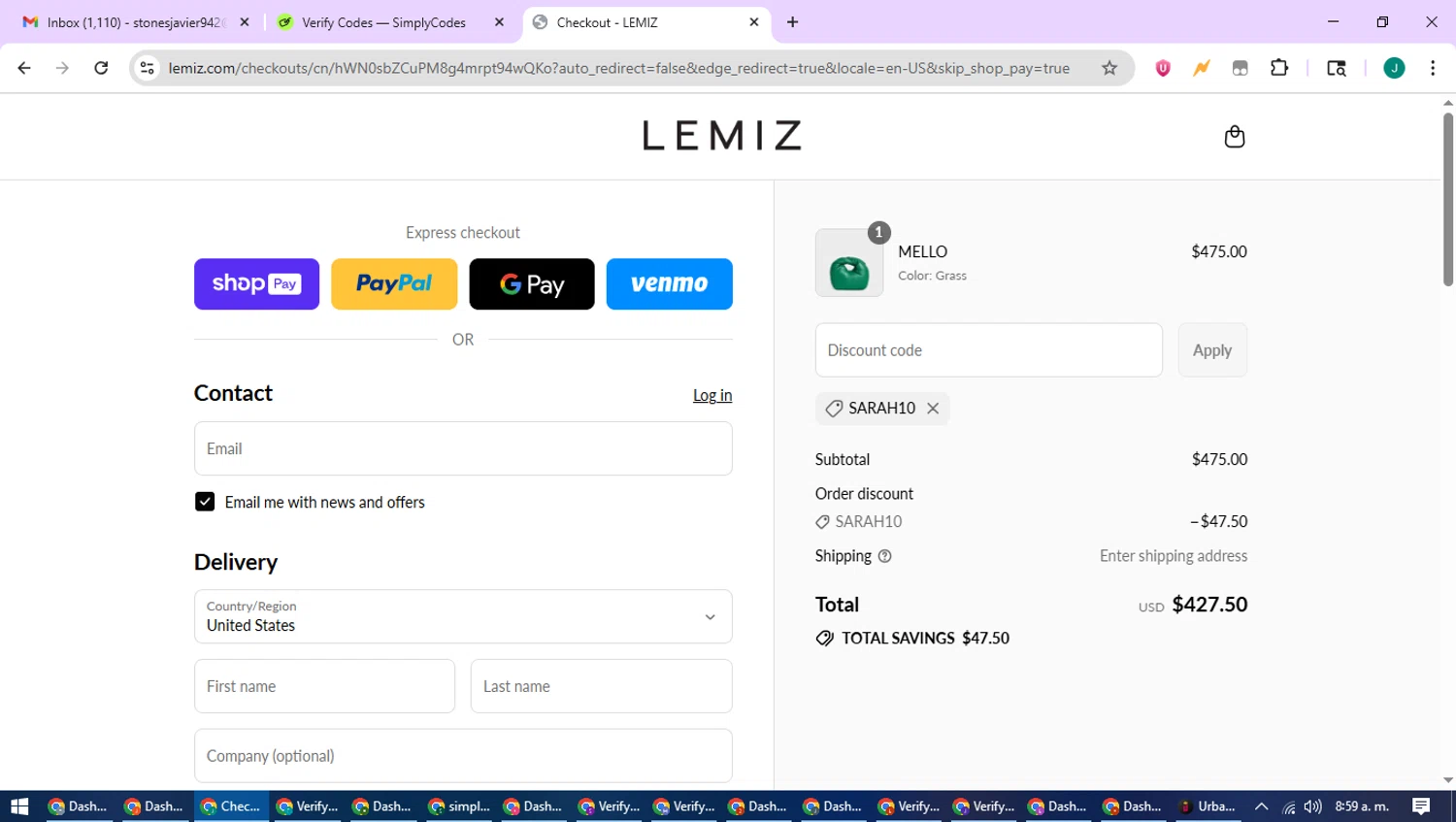 LEMIZ HANDBAGS promo code screenshot showing code SARAH10 applied at LEMIZ HANDBAGS checkout page. Uploaded by SimplyCodes community member SavvyCurator1770 on Jul 21, 2025