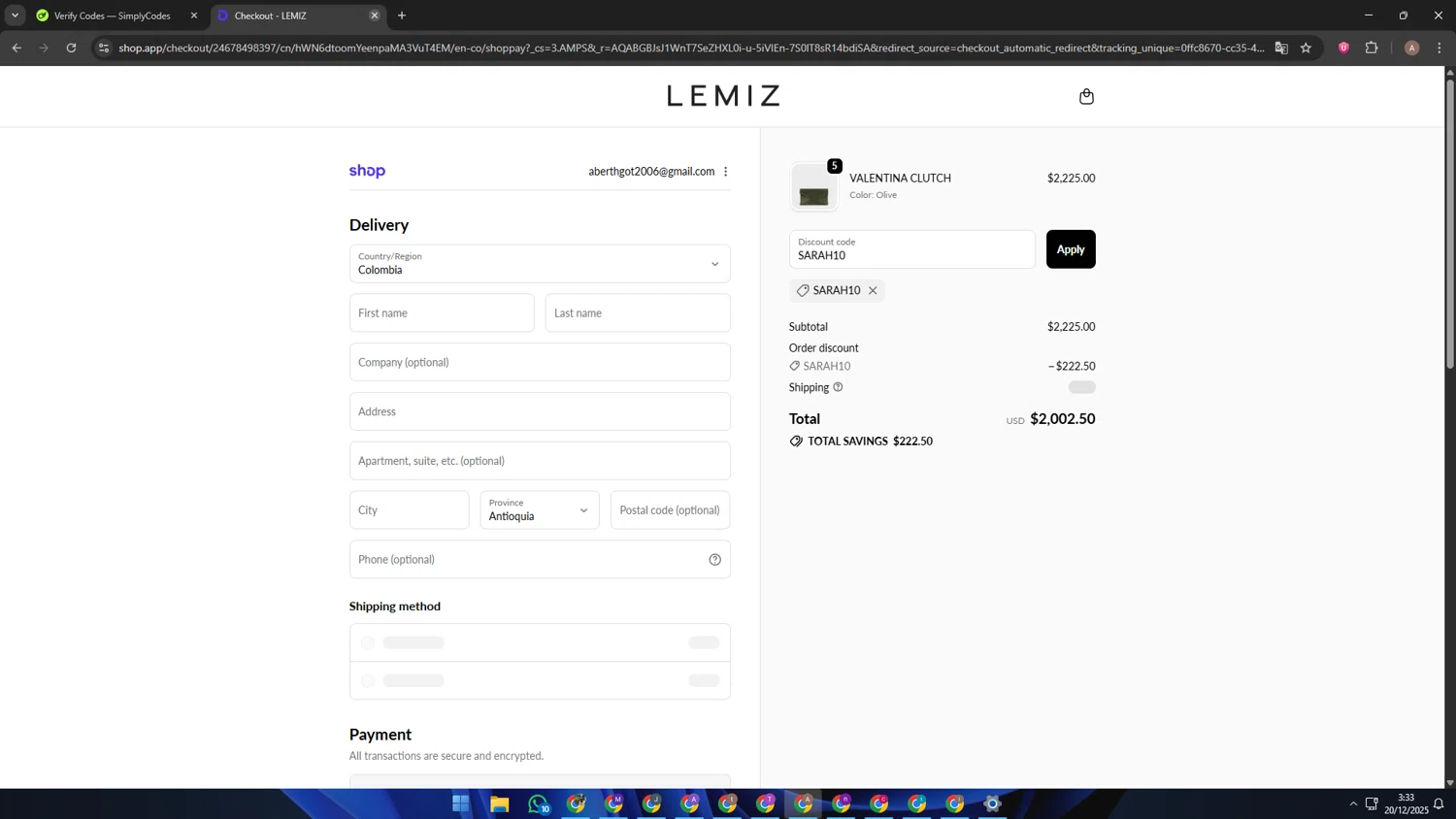 LEMIZ HANDBAGS promo code screenshot showing code SARAH10 applied at LEMIZ HANDBAGS checkout page. Uploaded by SimplyCodes community member SwiftSage2309 on Dec 20, 2025