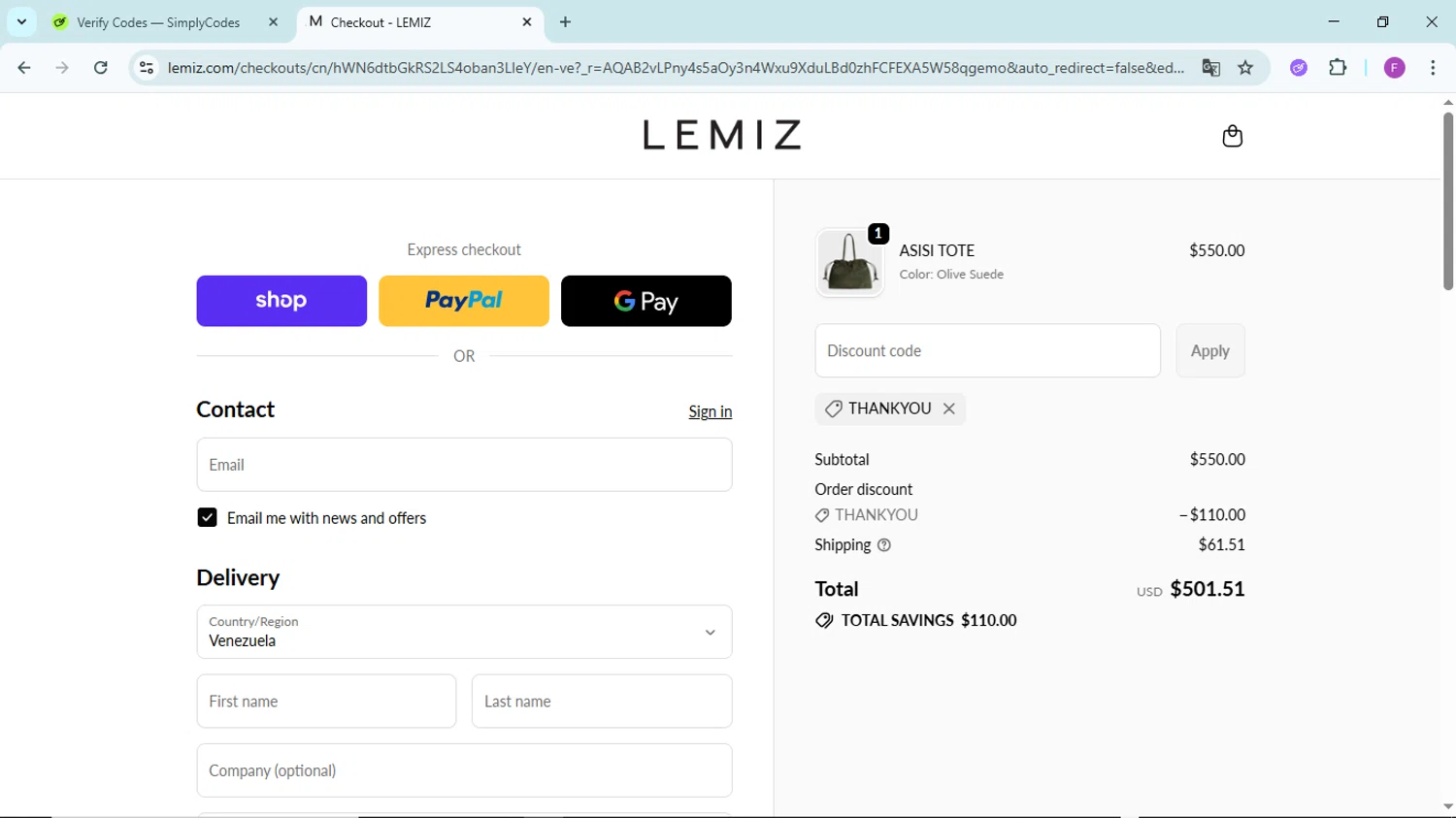 LEMIZ HANDBAGS promo code screenshot showing code THANKYOU applied at LEMIZ HANDBAGS checkout page. Uploaded by SimplyCodes community member ShieldTitan6985 on Dec 20, 2025