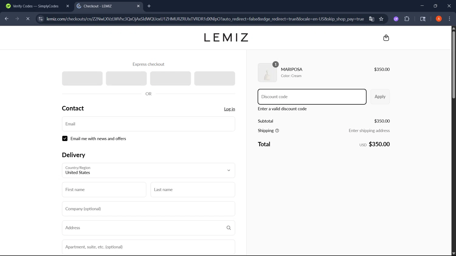 LEMIZ HANDBAGS promo code screenshot showing code MDAY20 applied at LEMIZ HANDBAGS checkout page. Uploaded by SimplyCodes community member GoldChaser2970 on Jun 3, 2025