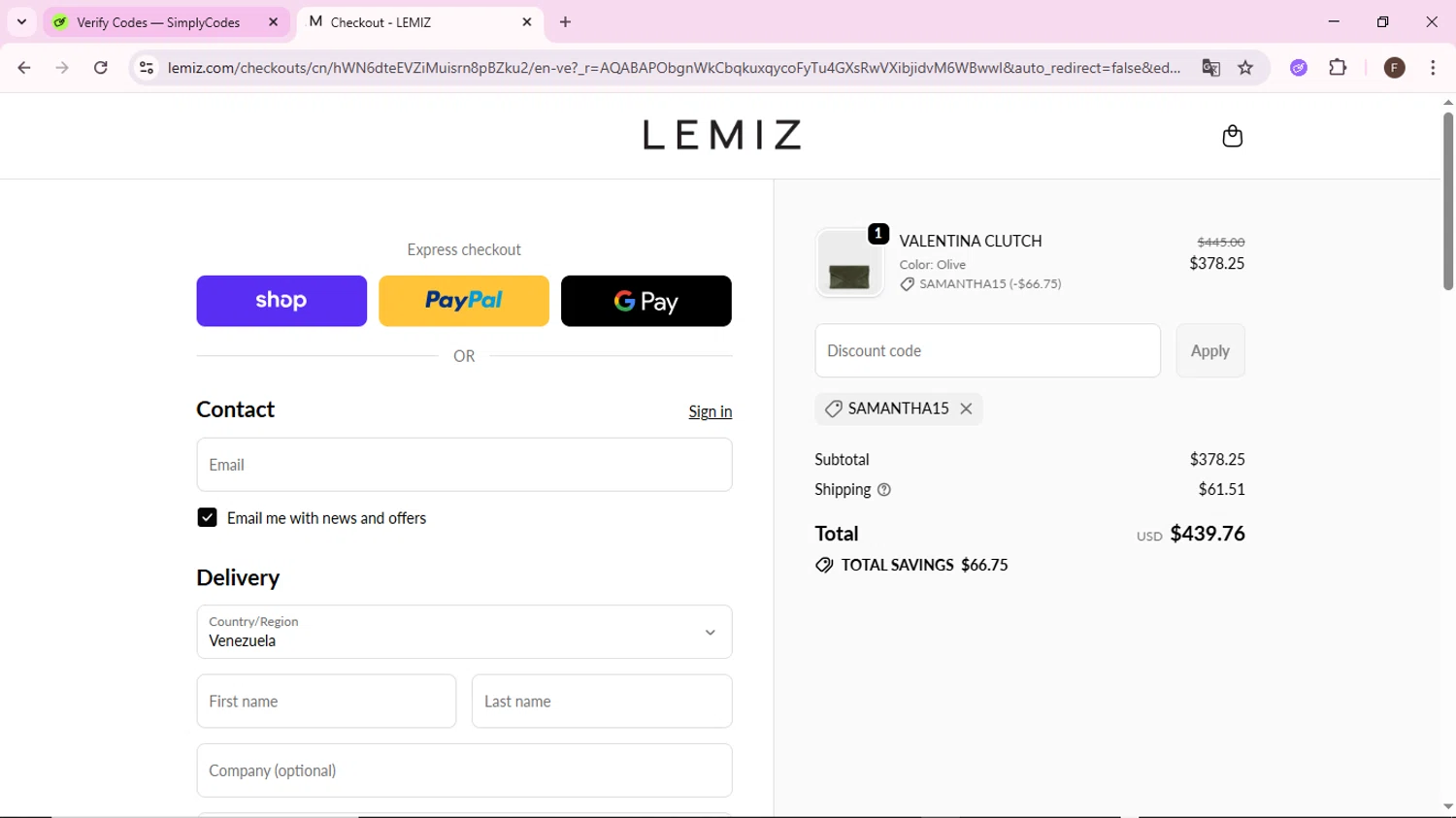 LEMIZ HANDBAGS promo code screenshot showing code SAMANTHA15 applied at LEMIZ HANDBAGS checkout page. Uploaded by SimplyCodes community member BargainShopper1802 on Dec 20, 2025