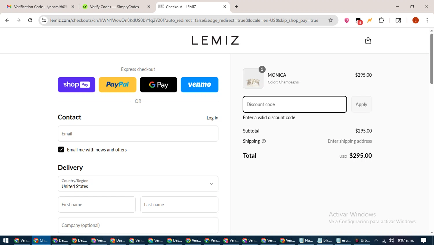 LEMIZ HANDBAGS promo code screenshot showing code SUMMER20 applied at LEMIZ HANDBAGS checkout page. Uploaded by SimplyCodes community member BonusHero9692 on Aug 7, 2025