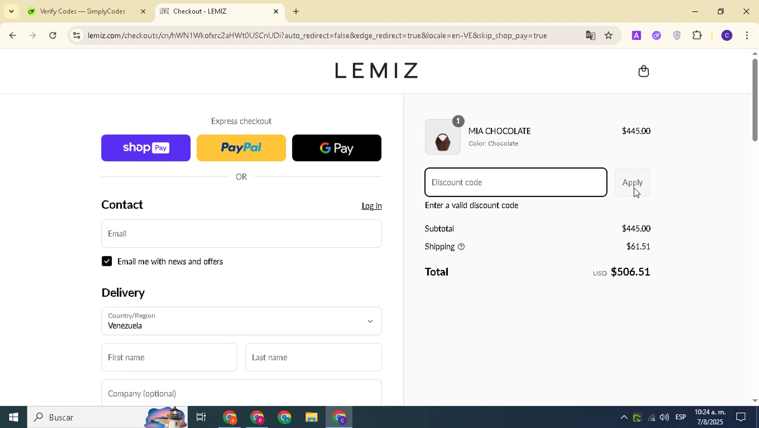 LEMIZ HANDBAGS promo code screenshot showing code SUMMER20 applied at LEMIZ HANDBAGS checkout page. Uploaded by SimplyCodes community member alexanderarnold on Aug 7, 2025