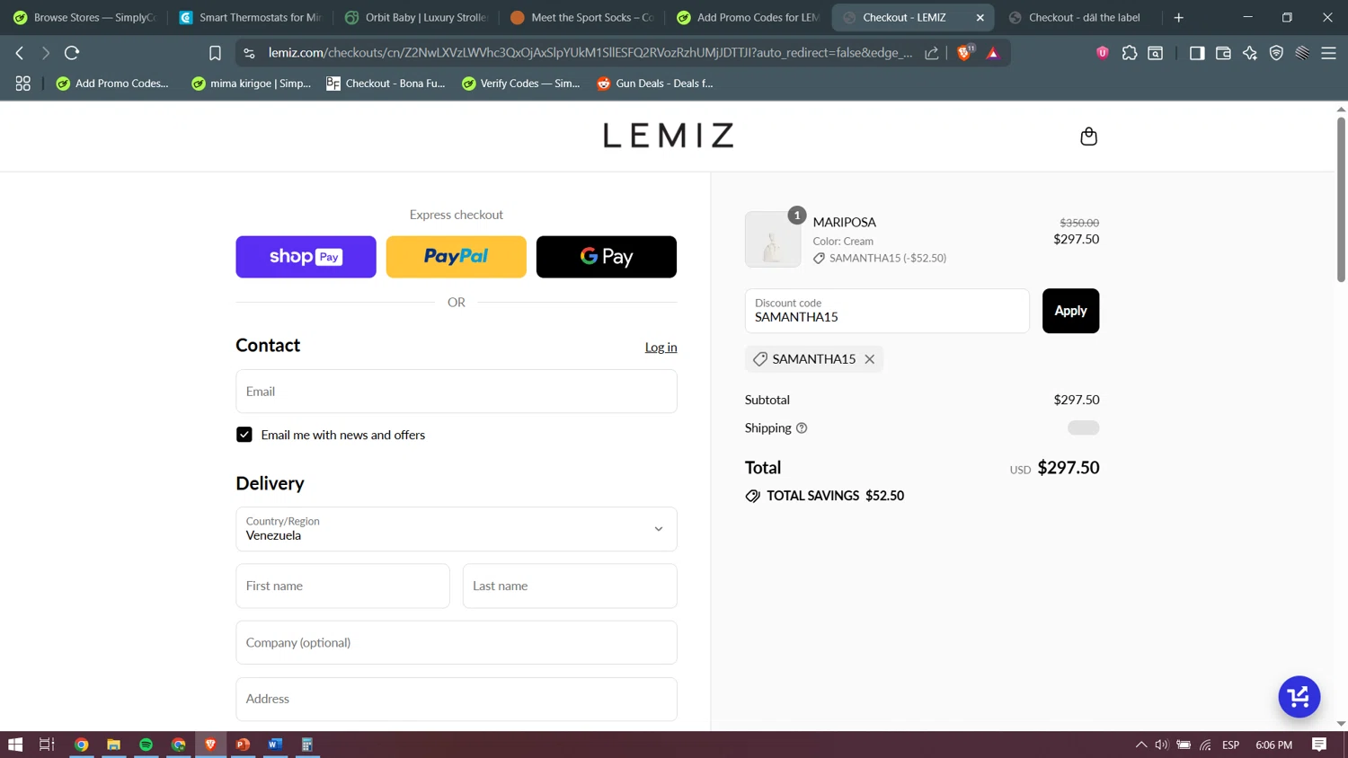 LEMIZ HANDBAGS promo code screenshot showing code SAMANTHA15 applied at LEMIZ HANDBAGS checkout page. Uploaded by SimplyCodes community member becomeaware on Jul 11, 2025