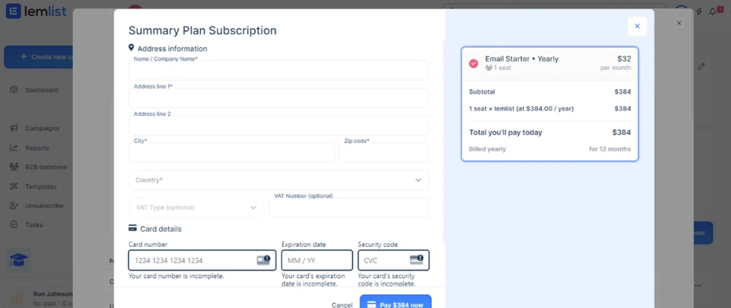 lemlist coupon code screenshot showing code BLACKFRIDAY2023LEMLIST applied at lemlist checkout page. Uploaded by SimplyCodes community member SimplyCVerlie on Feb 13, 2025
