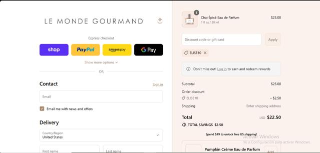 Le Monde Gourmand checkout page showing Le Monde Gourmand coupon code box | Screenshot taken by SimplyCodes community member on Sep 15, 2025