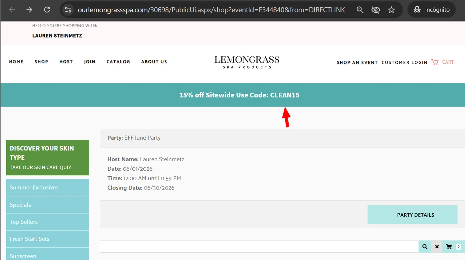 Lemongrass Spa Products promo code screenshot showing code CLEAN15 applied at Lemongrass Spa Products checkout page. Uploaded by SimplyCodes community member anosesmith on Jun 4, 2026
