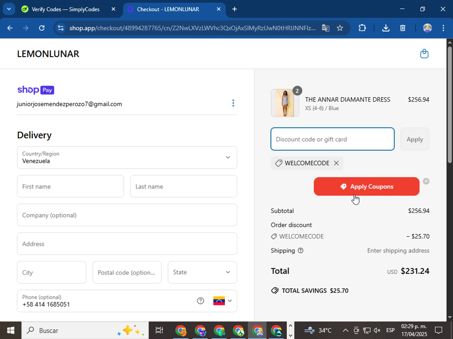 Lemon Lunar UK promo code screenshot showing code welcomecode applied at Lemon Lunar UK checkout page. Uploaded by SimplyCodes community member Bope_________ on Apr 17, 2025
