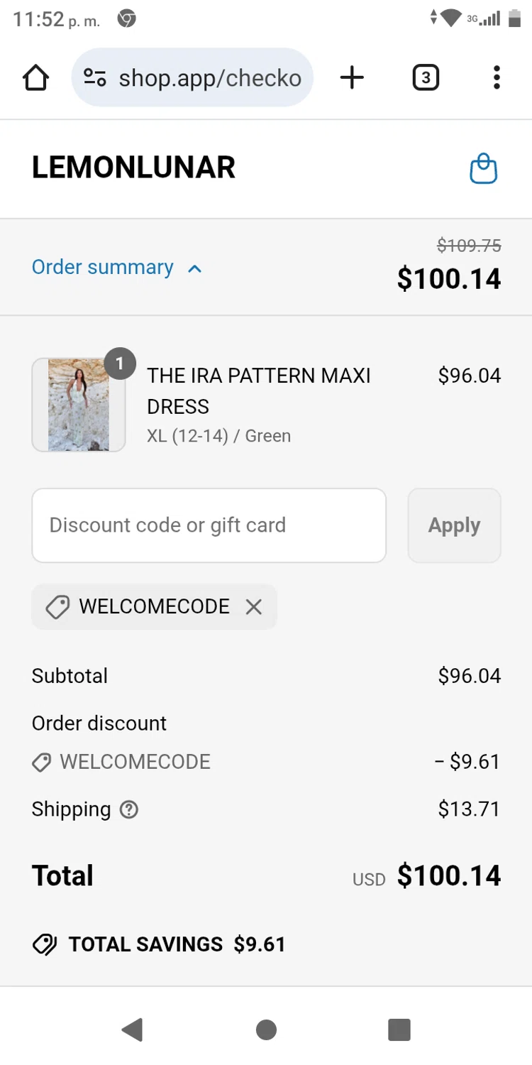 Lemon Lunar UK promo code screenshot showing code welcomecode applied at Lemon Lunar UK checkout page. Uploaded by SimplyCodes community member franksanchez on Jun 21, 2025