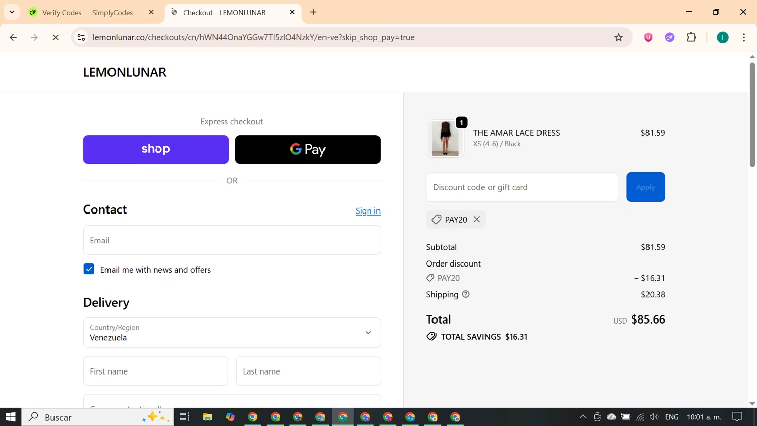 Lemon Lunar UK promo code screenshot showing code PAY20 applied at Lemon Lunar UK checkout page. Uploaded by SimplyCodes community member ExtraordinaryKnight690 on Oct 13, 2025