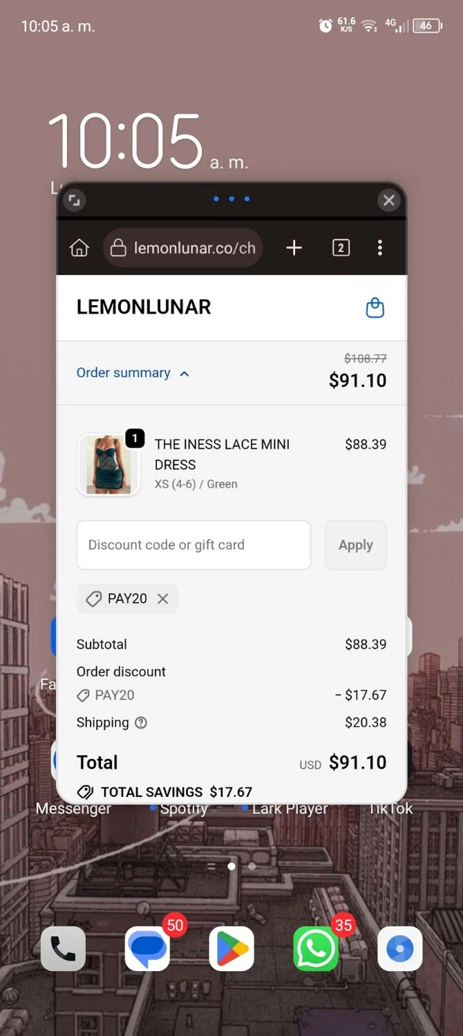 Lemon Lunar UK promo code screenshot showing code PAY20 applied at Lemon Lunar UK checkout page. Uploaded by SimplyCodes community member ScanExpert7367 on Oct 13, 2025