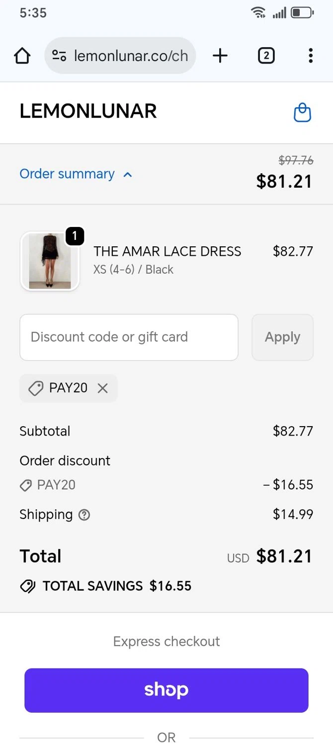 Lemon Lunar UK promo code screenshot showing code PAY20 applied at Lemon Lunar UK checkout page. Uploaded by SimplyCodes community member franksanchez on Sep 23, 2025