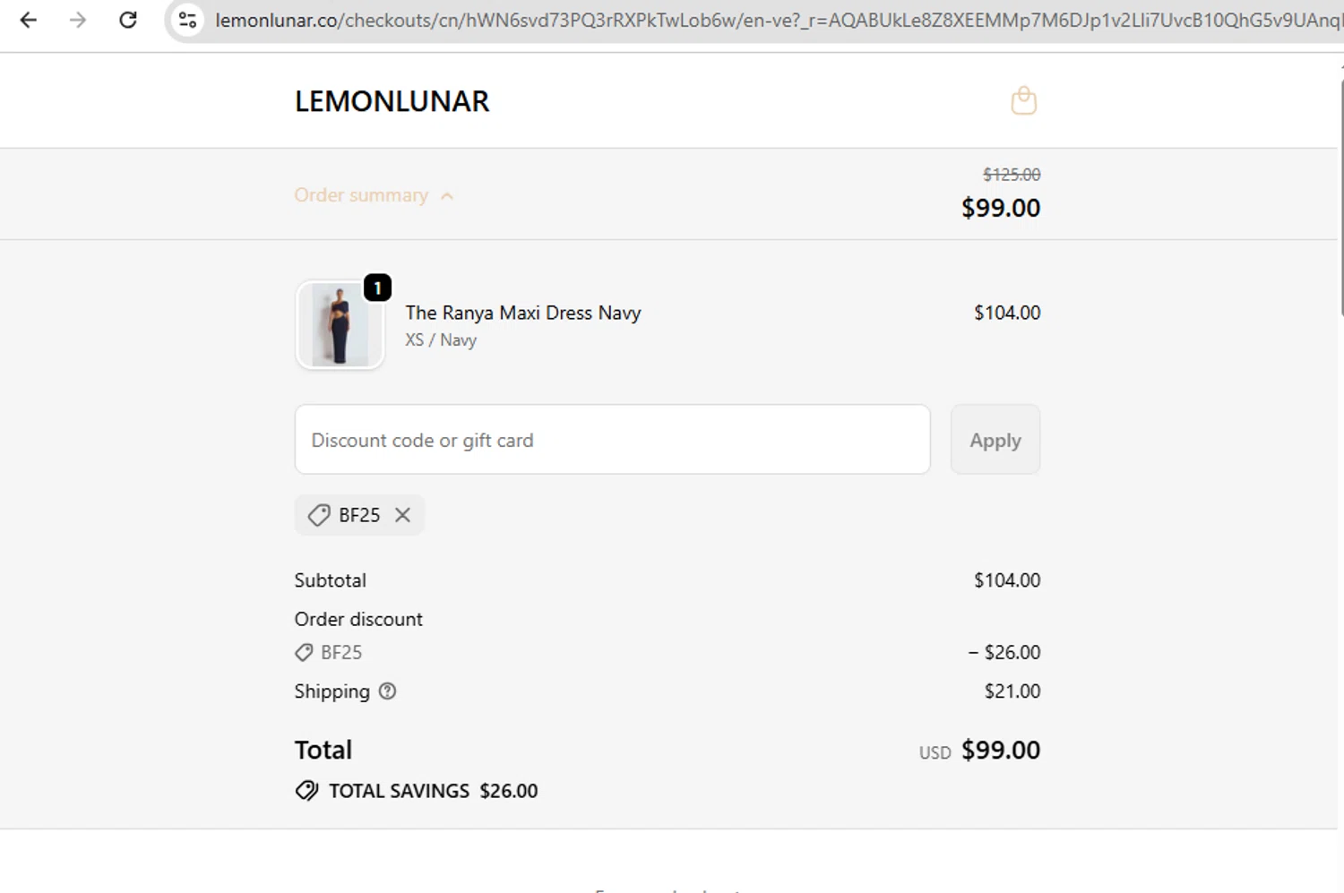 Lemon Lunar UK checkout page showing Lemon Lunar UK promo code box | Screenshot taken by SimplyCodes community member on Dec 26, 2025