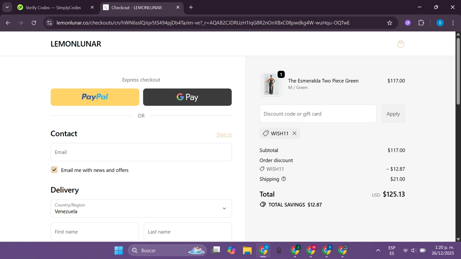 Lemon Lunar UK promo code screenshot showing code WISH11 applied at Lemon Lunar UK checkout page. Uploaded by SimplyCodes community member CodeExpert981 on Dec 26, 2025