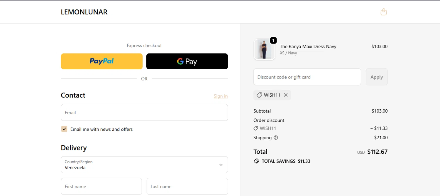 Lemon Lunar UK promo code screenshot showing code WISH11 applied at Lemon Lunar UK checkout page. Uploaded by SimplyCodes community member Nicoletorres on Dec 21, 2025