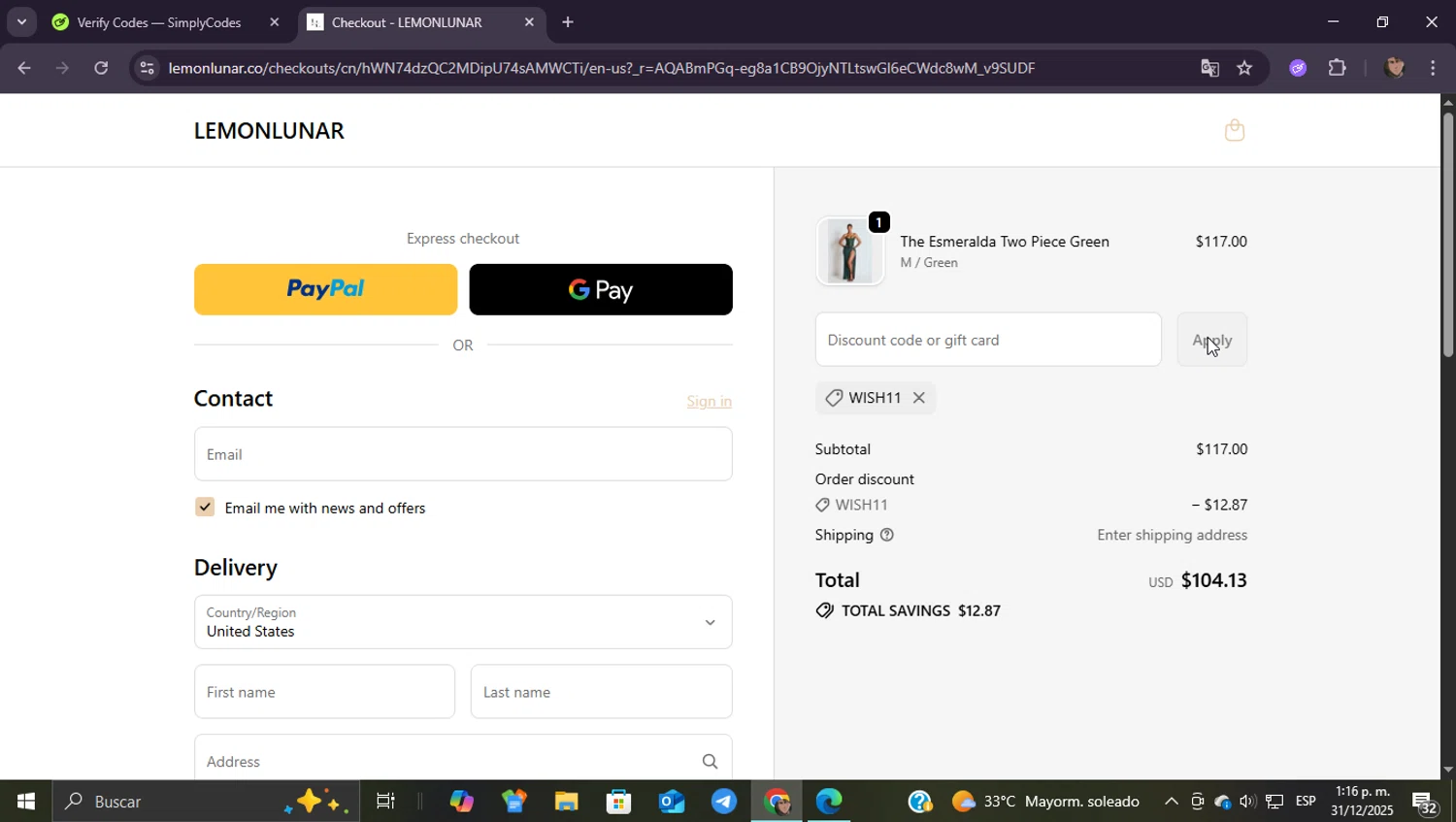 Lemon Lunar UK promo code screenshot showing code WISH11 applied at Lemon Lunar UK checkout page. Uploaded by SimplyCodes community member ShieldEagle9436 on Dec 31, 2025